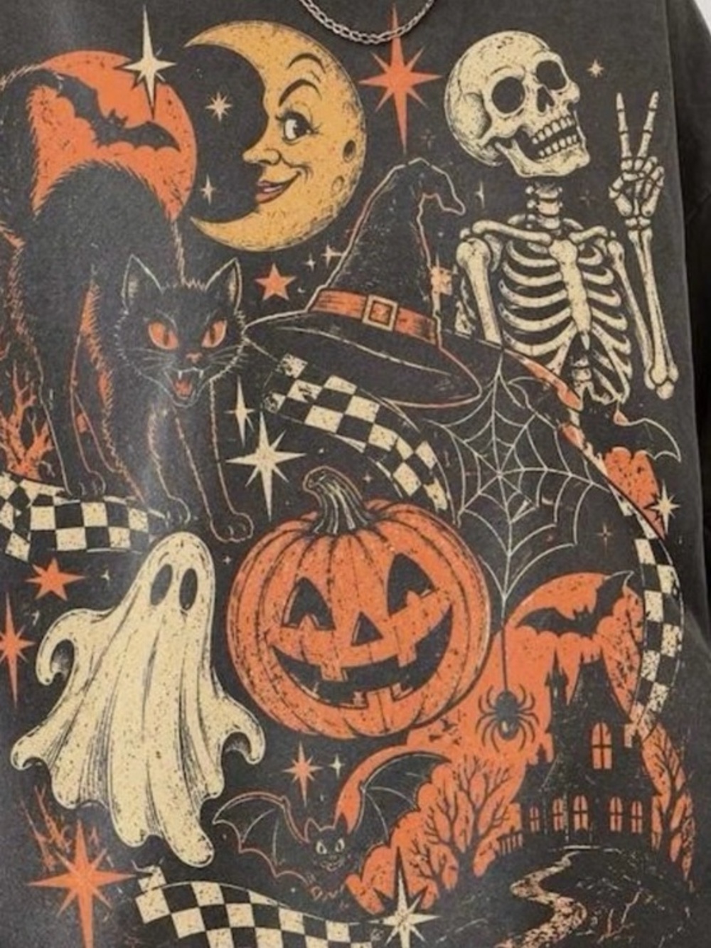 Black Halloween Graphic Tee with Orange & Cream Art - Picture 2 of 2